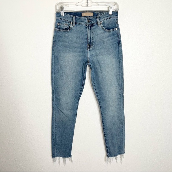 7 For All Mankind Jeans Women 28 Skinny Ankle Raw Hem High Rise Blue Soft Denim - Picture 1 of 9